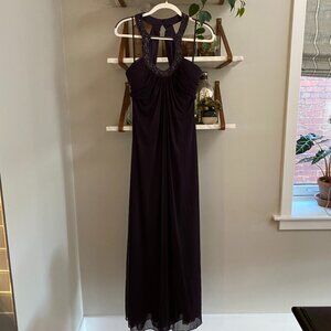 Stunning Aubergine Evening Gown with Beaded Halter Neckline & Back Details
